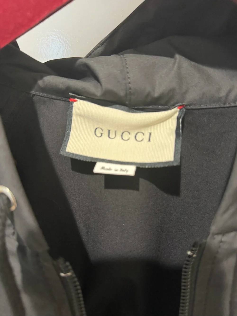 Gucci Black Hooded Windbreaker with Red & Green Accent Stripes